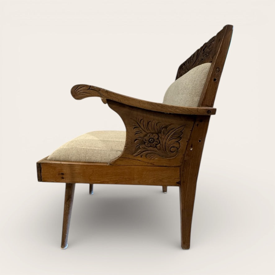 Petite Antique Teak Armchair, Floral Carving