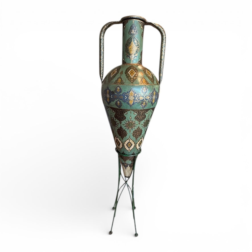 Morroccan Hand Painted Metal Oil Jar on Stand
