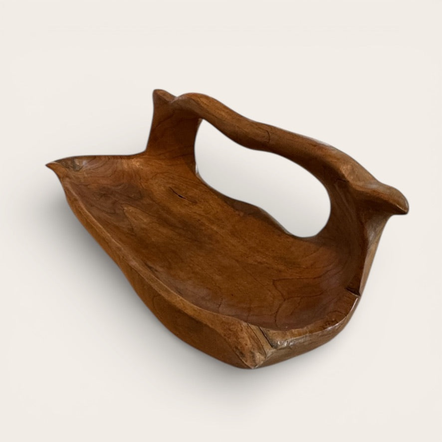 Hand Carved Natural Teak Bowl with Handle Small