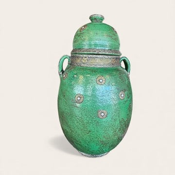 Moroccan Green Ceramic lidded Vessel with Metal ornamentation