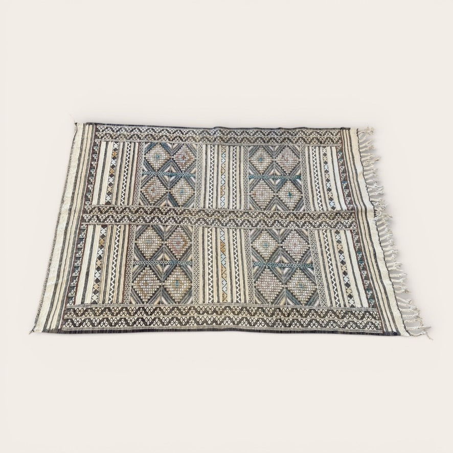 Kilim Rug Four Quadrant Aqua and Grey 1.4m x 105cm
