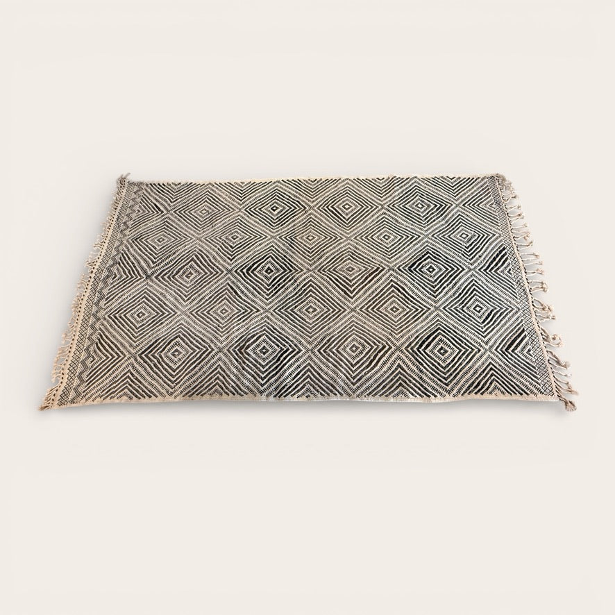 Moroccon Hand Woven Wool Rug Diamonds Black, Brown and White 2.42m x 1.3m