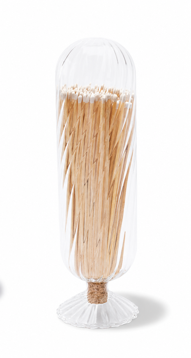 Handblown Fireplace Match Cloche, White-tip Matches