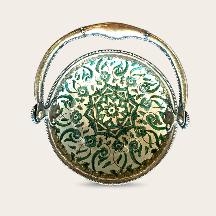 Moroccan Green White Print Footed Bowl with Handle