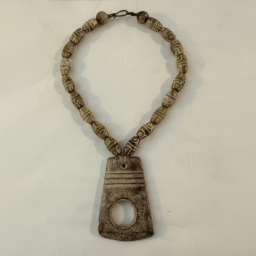 Seed Palm Beach Antique Hetian Jade Axe Pendant and Moss Jade Barrel Bead Necklace