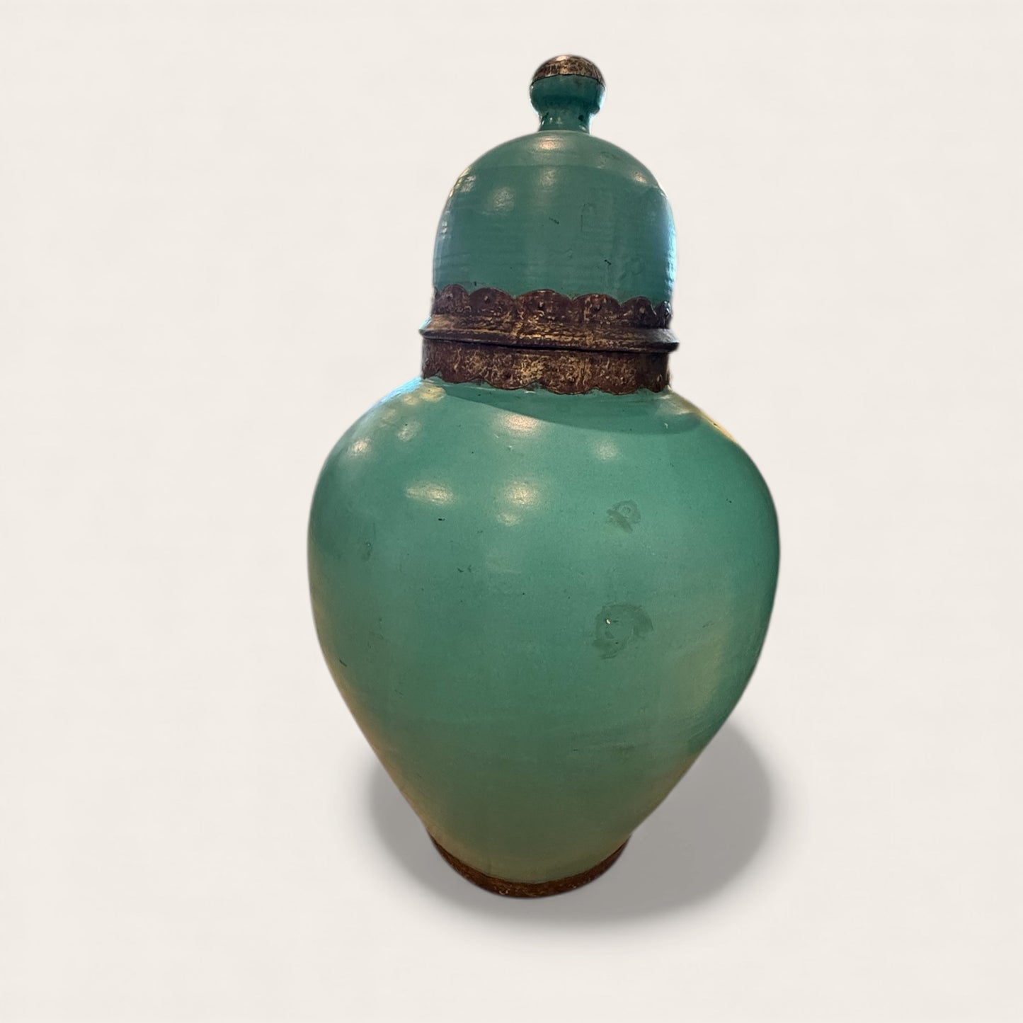 Moroccan Ceramic Lidded Jar with Metal, Patina glaze matte small