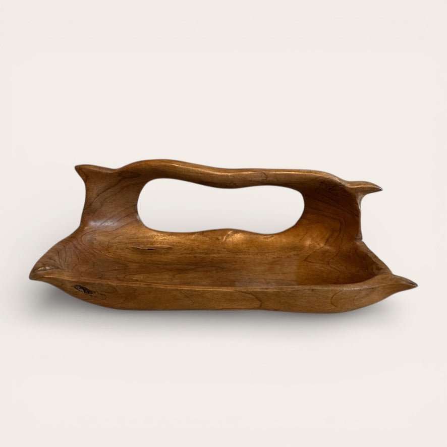 Hand Carved Natural Teak Bowl with Handle Small