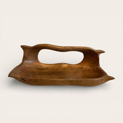 Hand Carved Natural Teak Bowl with Handle Small