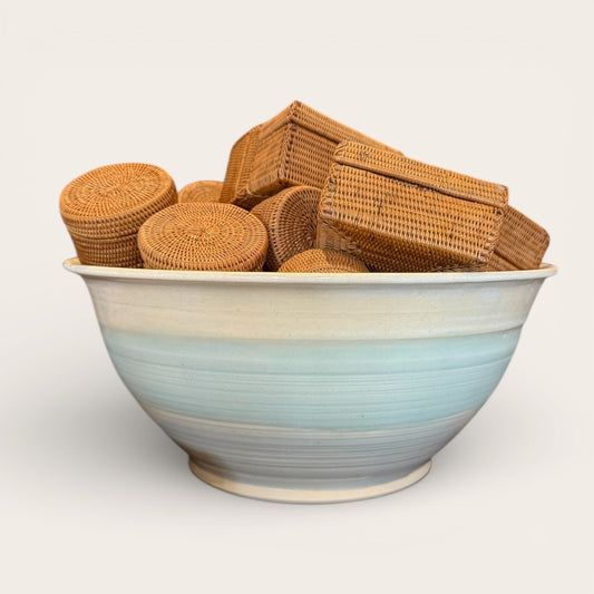 ap pottery large serving bowl with light teal stripe