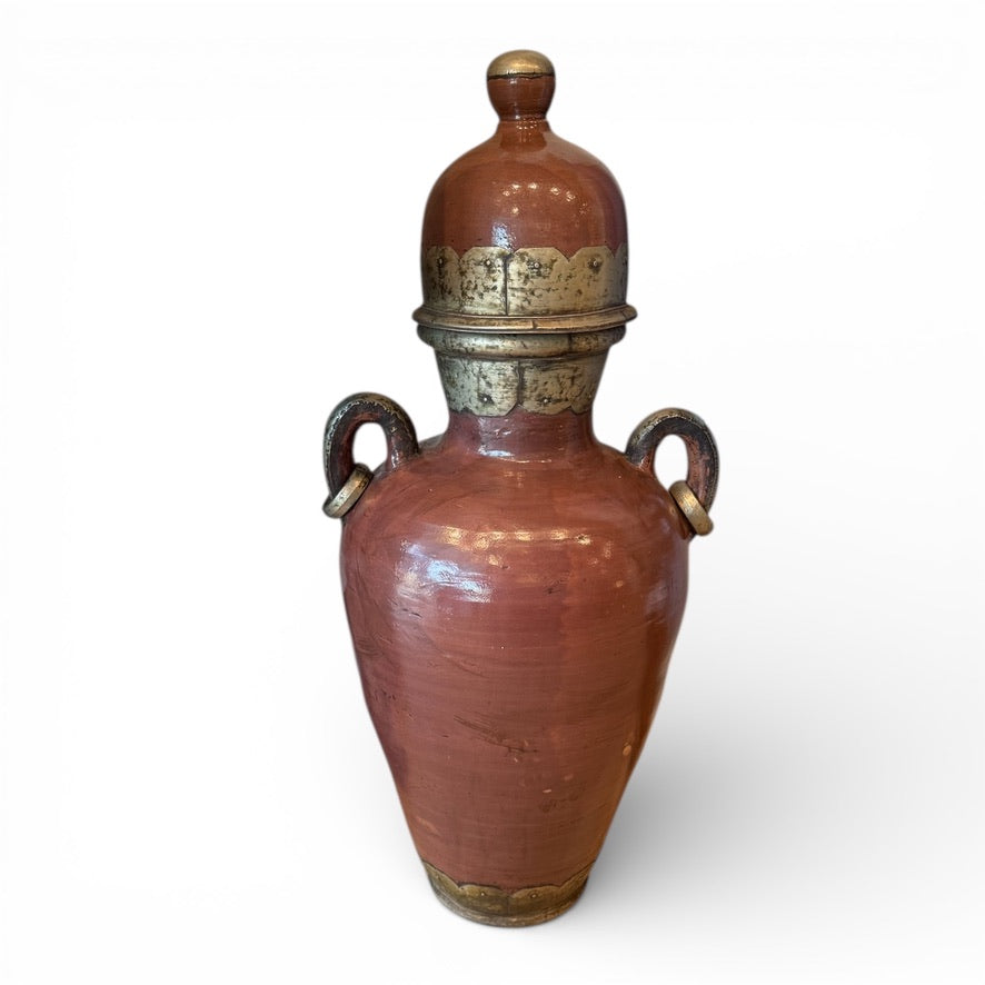 Moroccan Ceramic Lidded Jar with Metal, Neutral Glaze