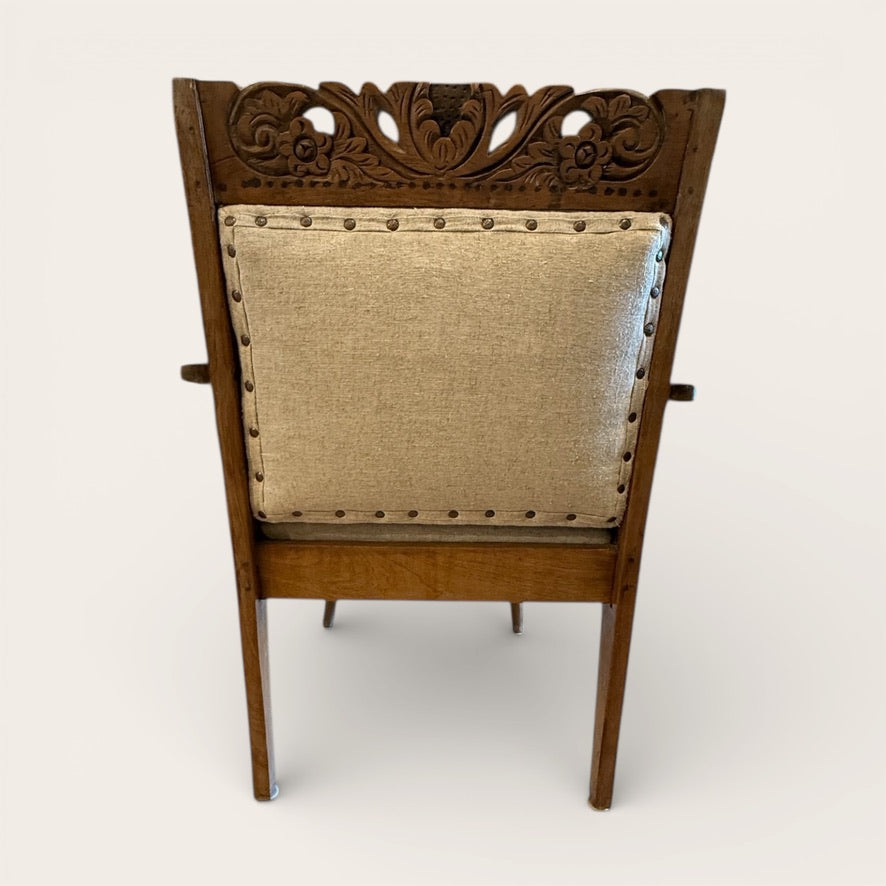 Petite Antique Teak Armchair, Floral Carving