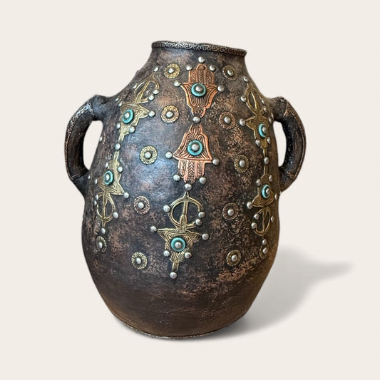 Moroccan Ceramic Water Jar Accented with Natural Stones and Metal Hamsas