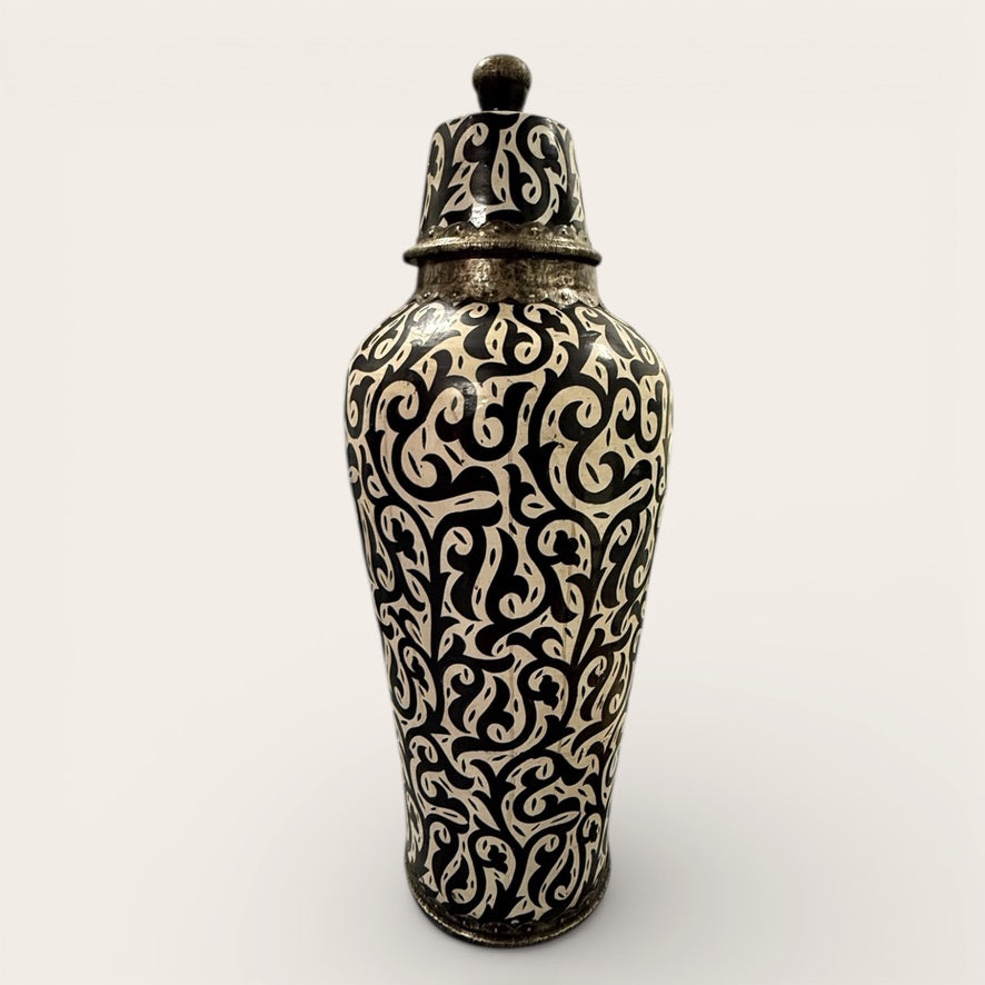Morroccan Ceramic Hand Painted Jar with Lid Black and White
