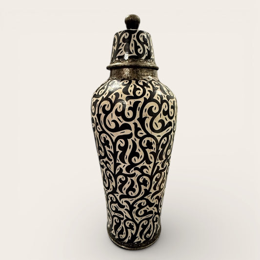 Morroccan Ceramic Hand Painted Jar with Lid Black and White