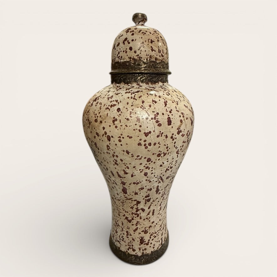Moroccan Ceramic Lidded Jar with Metal, White with Moroccan Red Splatter Design