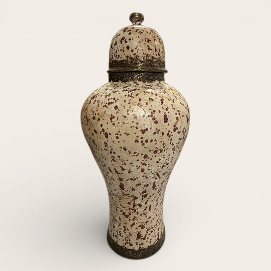 Moroccan Ceramic Lidded Jar with Metal, White with Moroccan Red Splatter Design
