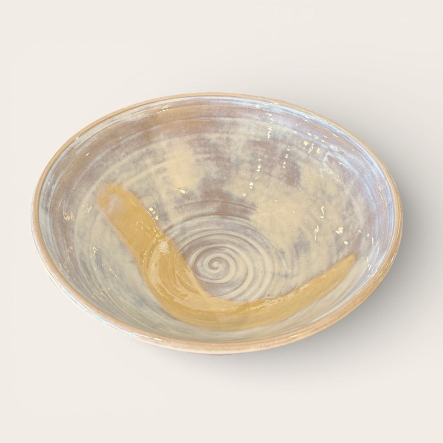 ap pottery carved serving bowl in shades of white & cream & iridescent purple