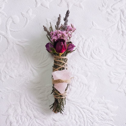 Rose Quartz, Rosemary, Sage, and Lavender Smudge Stick