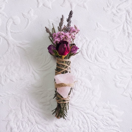 Rose Quartz, Rosemary, Sage, and Lavender Smudge Stick