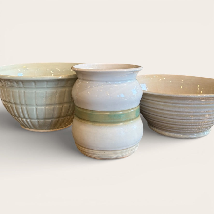 ap pottery cream bubble vase with green stripe