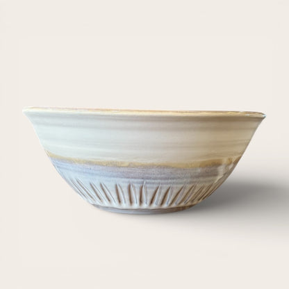 ap pottery carved serving bowl in shades of white & cream & iridescent purple