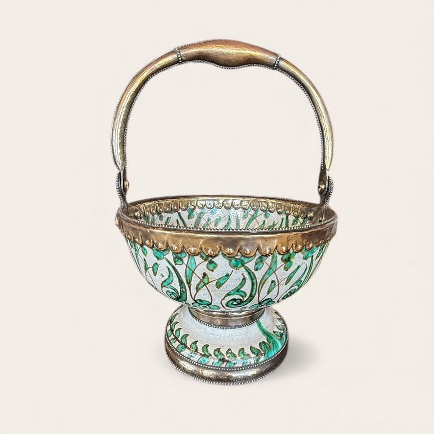 Moroccan  Green White Print Footed Bowl with Handle