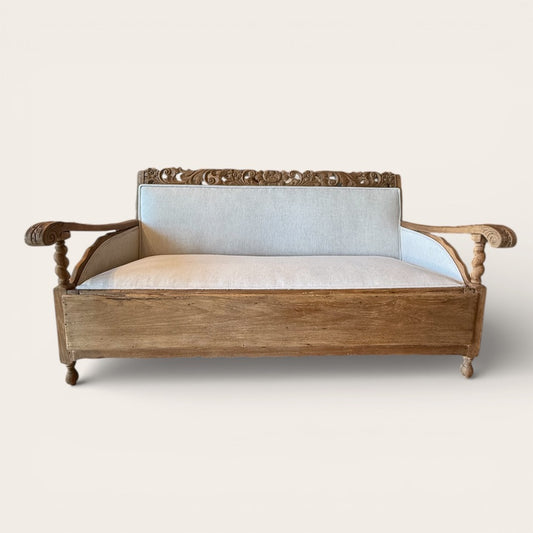 Antique Teak Sofa, Carved Wood Floral Motif