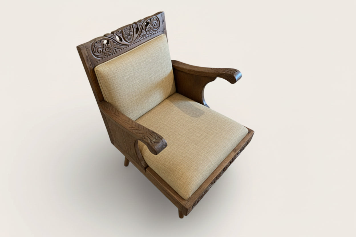 Petite Antique Teak Armchair, Floral Carving