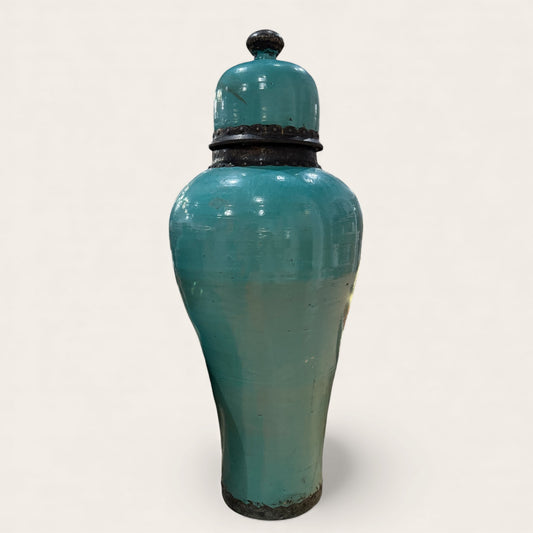 Moroccan Ceramic Lidded Jar with Metal, Patina Glaze 4.3ft