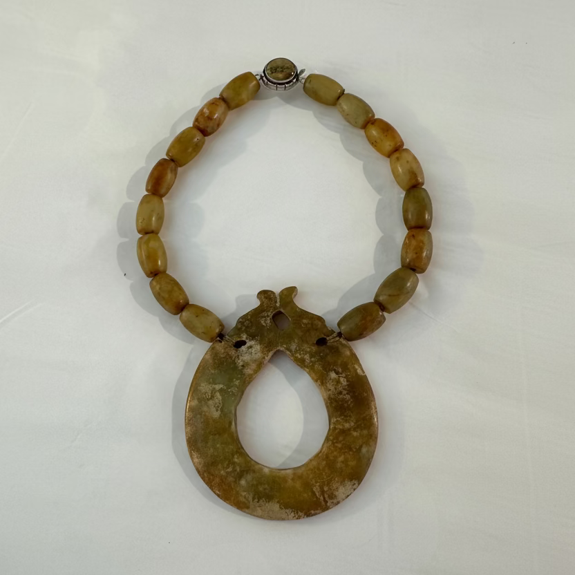 Seed Palm Beach Carved Olive Opal and Jade Pheonix Pendant Necklace