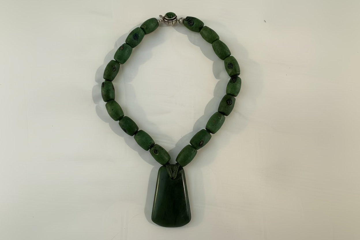 Seed Palm Beach Serpentine Gemstone and Jade Axe Pendant Necklace