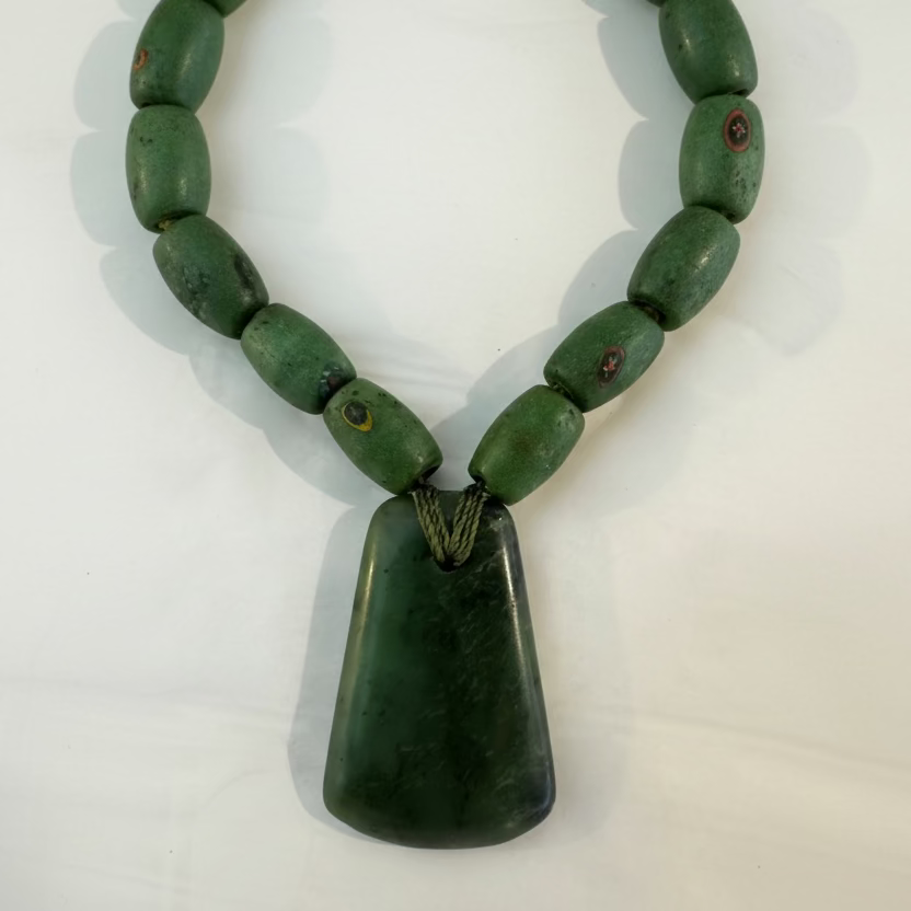 Seed Palm Beach Serpentine Gemstone and Jade Axe Pendant Necklace