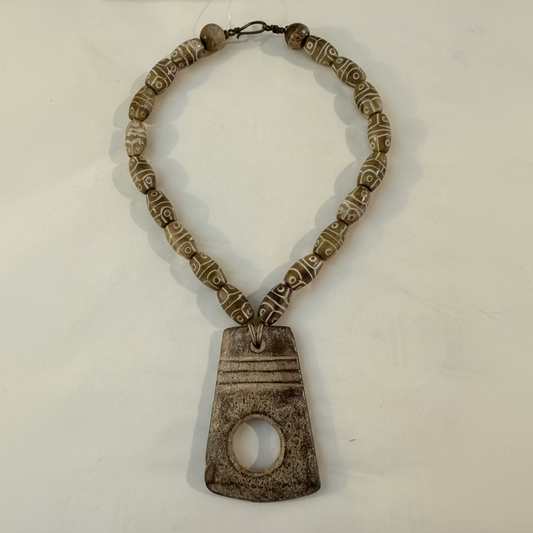 Seed Palm Beach Antique Hetian Jade Axe Pendant and Moss Jade Barrel Bead Necklace