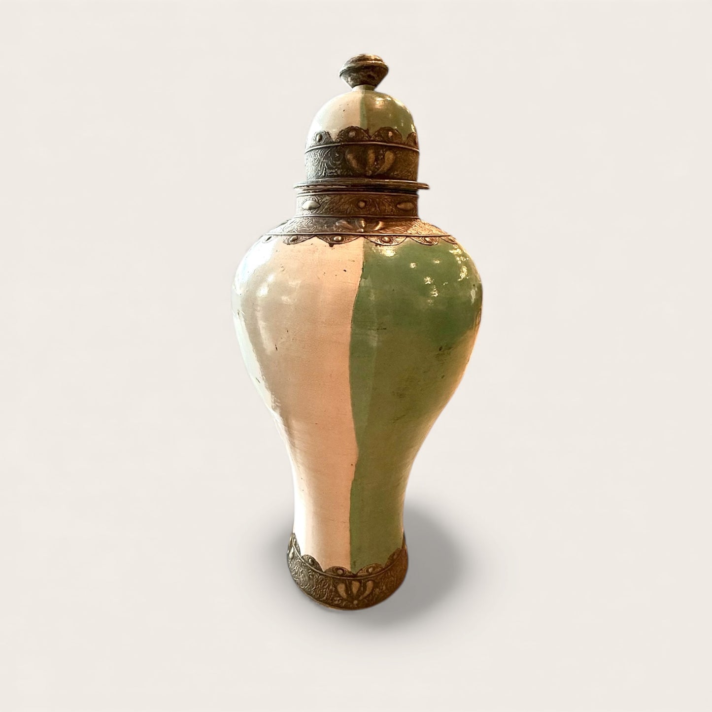 Moroccan Ceramic Lidded Jar with Metal Detail, White and Patina Glaze, 1 meter