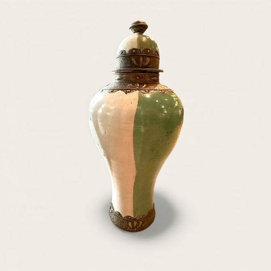 Moroccan Ceramic Lidded Jar with Metal Detail, White and Patina Glaze, 1 meter