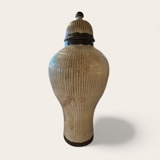 Moroccan Ribbed Ceramic Lidded Jar with Metal, White Glaze 1 meter