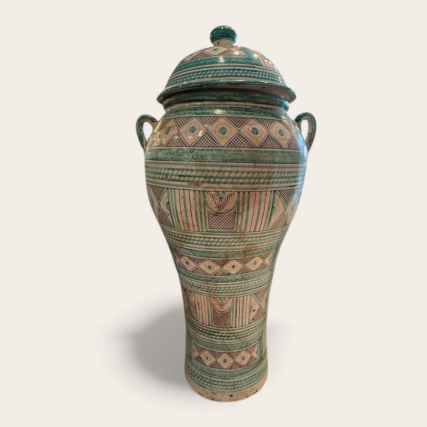 Moroccan Ceramic Hand Painted Jar With Lid Aqua and Black Design