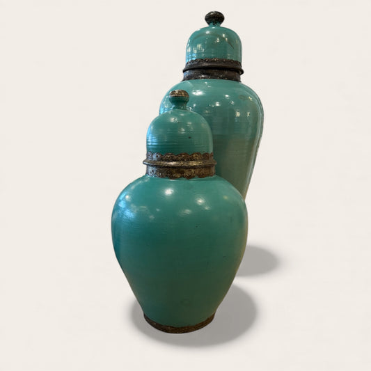 Moroccan Ceramic Lidded Jar with Metal, Patina glaze matte small