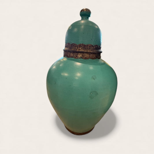 Moroccan Ceramic Lidded Jar with Metal, Patina glaze matte small