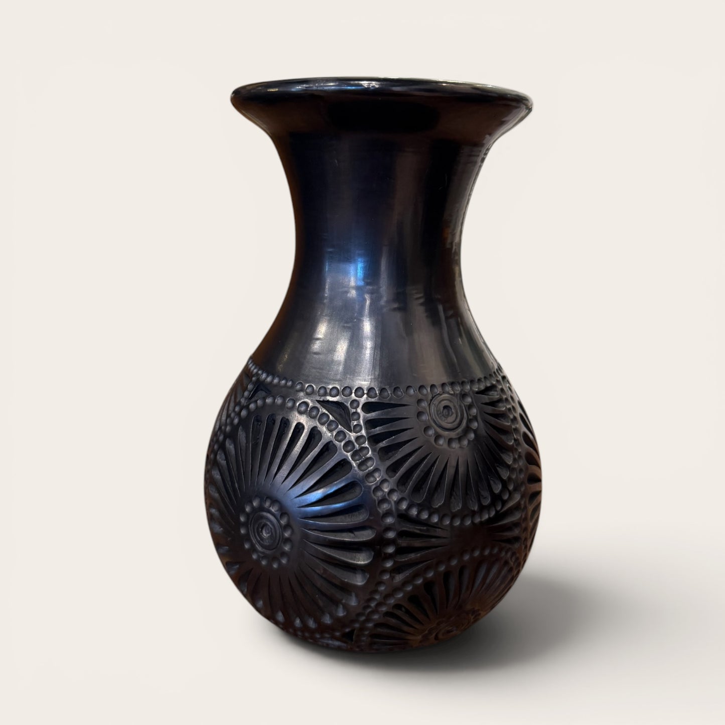 Oaxacan Barro Negro Vase, Hand-Carved Floral