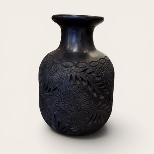 Oaxacan Barro Negro Vase, Hand-Carved Floral