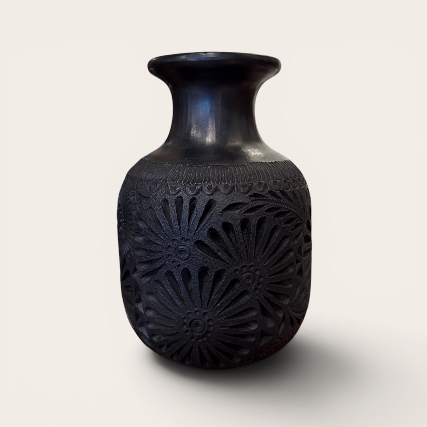 Oaxacan Barro Negro Vase, Hand-Carved Floral