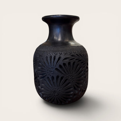 Oaxacan Barro Negro Vase, Hand-Carved Floral