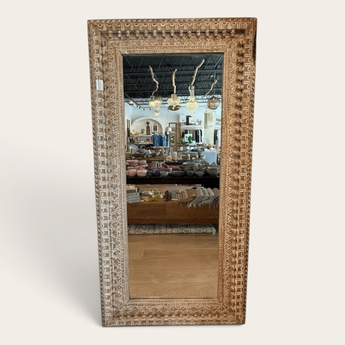 Double Carved Teak Rectangle Mirror White Wash