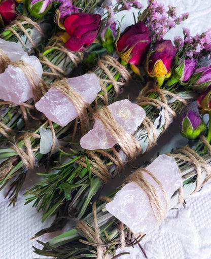 Rose Quartz, Rosemary, Sage, and Lavender Smudge Stick